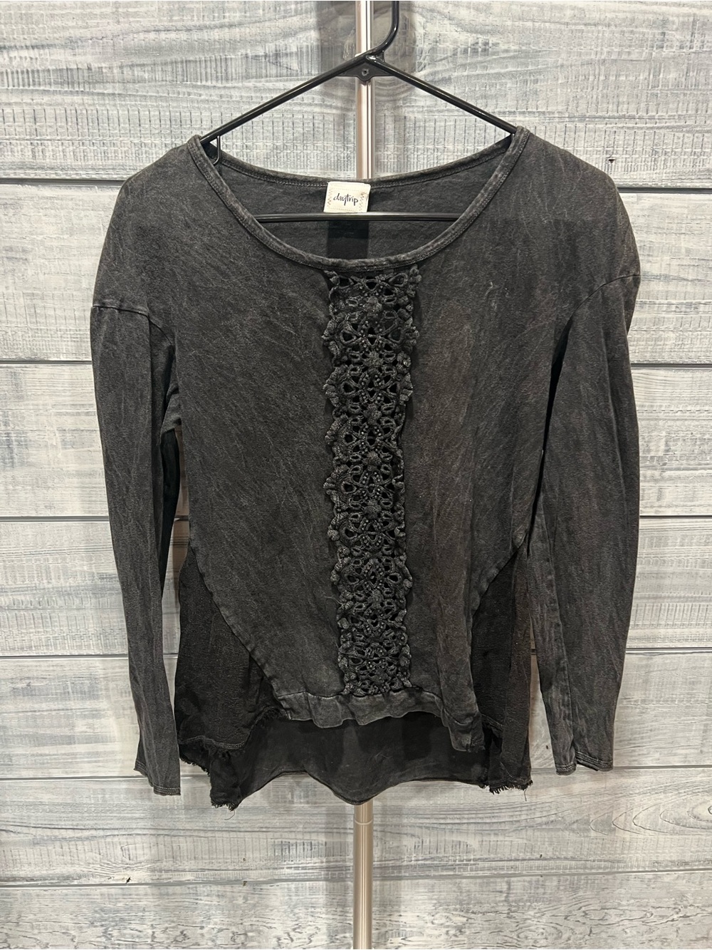 Daytrip Washed Black Long Sleeve Top with Crochet Front Panel